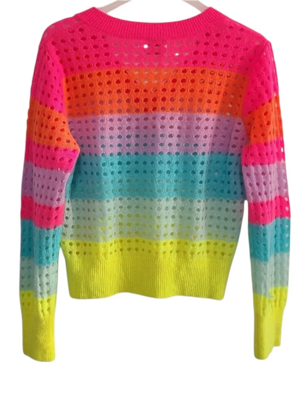 Brodie Cashmere Rainbow Stripe pointelle V Neck Sweater - Picture 4 of 8